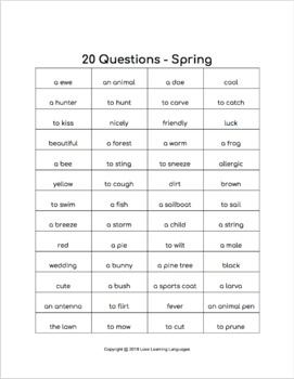 Spring 20 questions games-No prep speaking, listening and describing  activities