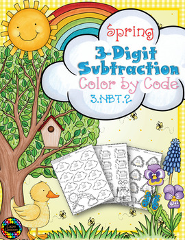 Preview of Spring 3-Digit Subtraction with Regrouping Color-by-Code Printables