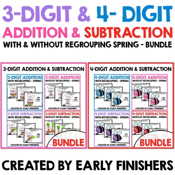Preview of Spring Activities 3 and 4 Digit Addition and Subtraction Math Task Cards Bundle