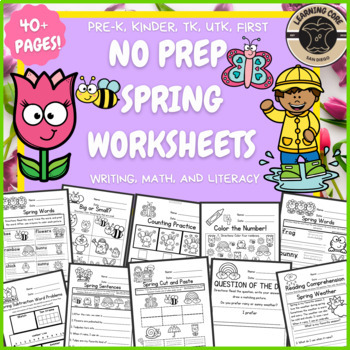 Preview of Spring No Prep Math Literacy Worksheets Activities PreK Kindergarten First TK