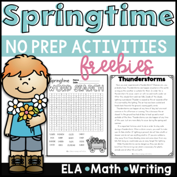Preview of Spring Activities Math and Reading No-Prep Worksheets Reading Comprehension