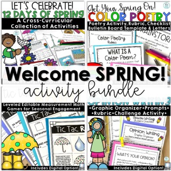 Preview of Spring Reading Passages Color Poem Template Writing Math Activities Packet