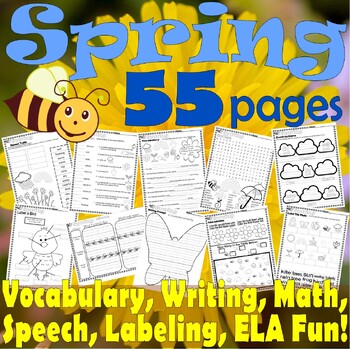 Preview of Spring Activities Worksheets NO PREP Writing Vocabulary Math Literacy Speech ELA