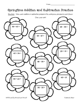 Spring Addition and Subtraction Practice Worksheet Pack by 4 Little Baers