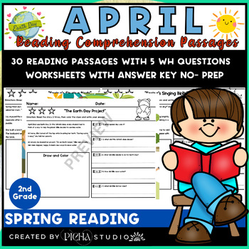 Preview of Spring April 2nd grade reading comprehension passages and questions (No PREP)