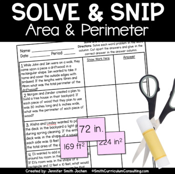 Preview of Spring Area and Perimeter Solve and Snip® Interactive Word Problems