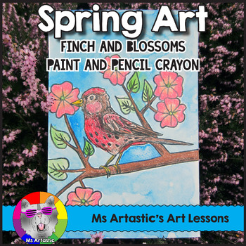 Preview of Spring Art Lesson, Finch and Cherry Blossoms Art Project for Elementary