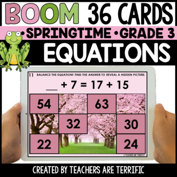 Preview of Balance Equations Spring Hidden Picture Boom Cards Gr. 3 - Digital