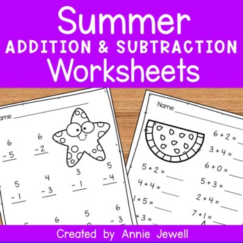 summer beginning addition and subtraction worksheets kindergarten 1st