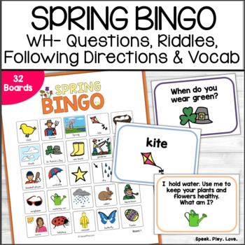 Preview of Spring Bingo Speech Therapy - WH Questions Inferences Follow Directions - April