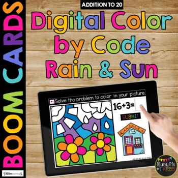 Preview of Spring Boom Cards™ Digital Color by Code Math Activity for Fact Fluency Sun Rain