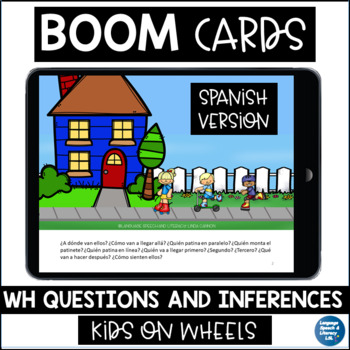 Preview of Summer Boom Cards Speech Therapy| Spanish WH Questions & Inferences