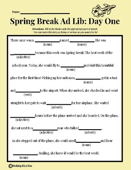 Preview of Spring Break Ad Lib Activity FREE