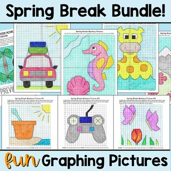 Preview of Spring Break Coordinate Plane Mystery Graphing Pictures and Symmetry Bundle