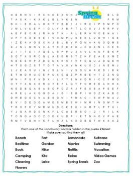Spring Break Crossword Puzzle Word Search Combo TpT