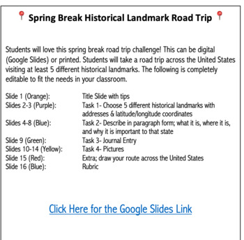 Preview of Spring Break Historical Landmark Road Trip Project - Digital Version