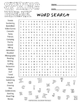 Spring Break Word Search by Inspirational Classroom Printables | TPT