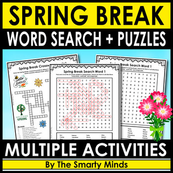 Preview of Spring Break Word Search & Crossword Puzzle + Answers Included - Sub Plans