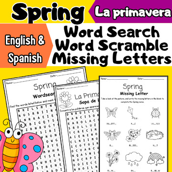 Preview of Spring Break Word Search, Word Scramble,Missing Letter\ Vacaciones de Primavera