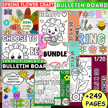 Preview of Spring Bulletin Board Flower Craft Activity April Door Decor Coloring Bundle