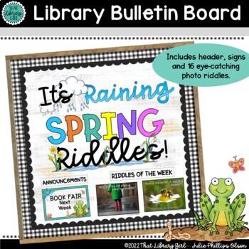 Preview of Spring Bulletin Board with Riddles | It's Raining Spring Riddles