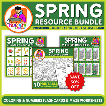 Preview of Spring Bundle! Numbers Flashcards, Fun Maze Worksheets, Coloring Pages