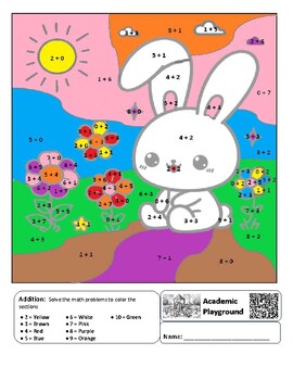 Preview of Easter / Spring Bunny Coloring by Code Worksheet (Addition 0 to 10)