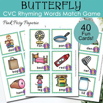 Preview of Butterfly CVC Rhyming Words Match Game - Rhyming Activity - Memory Game