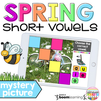 Preview of Spring CVC Short Vowels Mystery Picture Boom Cards Spelling Boom Cards