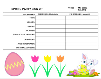 Preview of Spring Class Party Sign Up Sheet for Parents