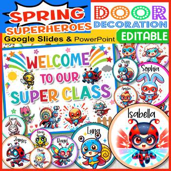 Preview of Spring Classroom Door Decoration EDITABLE, Name Tags, Robot Superhero Door Decor