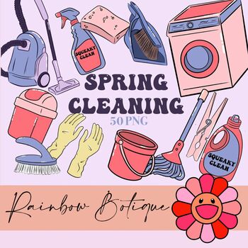 Preview of Boho Cleaning Clipart bundle, spring clean clip art, groovy, schedule commercial