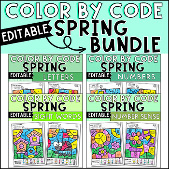 Preview of Spring Color by Code Practice Activities Editable Coloring Pages Bundle