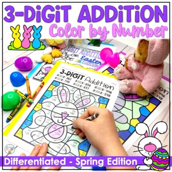 Preview of April Color by Number for April Math Centers - Spring Color by Code 3-Digit Add