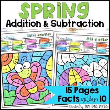 Preview of Spring Color by Number - Addition Subtraction and Mixed Practice within 10