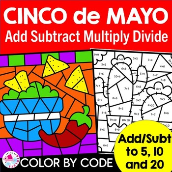 Preview of Cinco de Mayo Math Color by Number Add Subtract Multiply Divide Worksheets