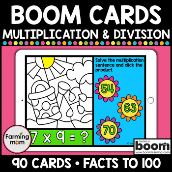 Preview of Spring Color by Number Multiplication and Division Boom Cards Math Bundle