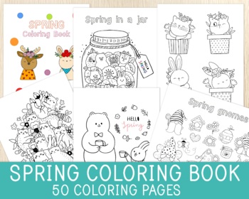 Preview of Spring Coloring Pages, 50 Sheets, Spring Activity, Animals, Gnomes, Flowers