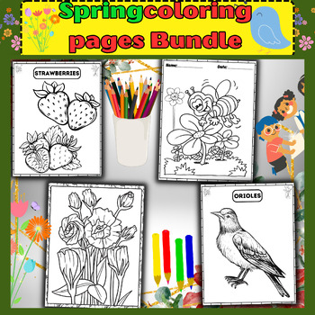 Preview of Spring Coloring Pages Bundle: Blossoming Fun with Roses, Bees, Birds, and Fruits