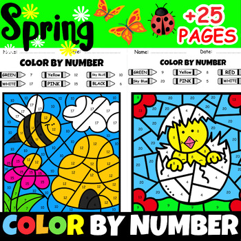 Preview of Spring Coloring Pages 1-20 Color By Number April Math Color By Number Activities