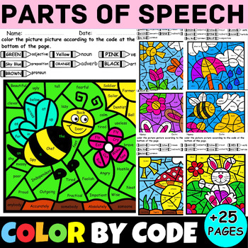 Preview of Spring Coloring Pages - Grammar Color By Number Code Parts of Speech Worksheets