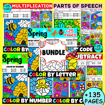 Preview of Spring Coloring Pages April Color By Code Number Grammar Reading Math Bundle