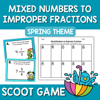 Preview of Spring Converting Mixed Numbers to Improper Fractions Scoot Game Task Cards