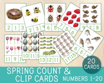 Preview of Spring Count & Clip Cards, Numbers 1-20, Math Game, Flashcards, Learn to Count