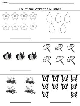 Spring Count and Write Counting Math Worksheet by My Kinder Garden