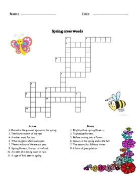 Spring Crossword Puzzle with solutions Spring break activity Worksheet