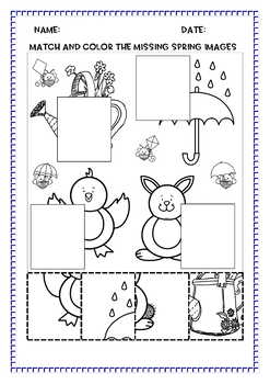 Spring Cut and Paste Match-ups Worksheets, PreK-3,No Prep Coloring pages