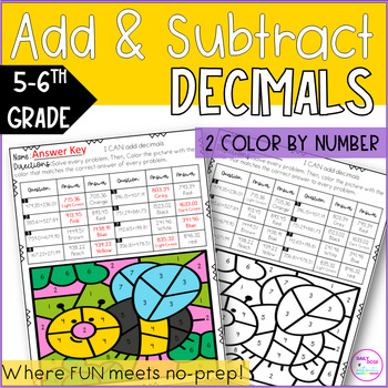 Preview of Spring Decimal Operations Addition and Subtraction Color by Number Worksheets