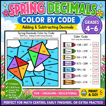 Preview of Spring Decimals Color by Code | Kite Decimal Math Worksheets