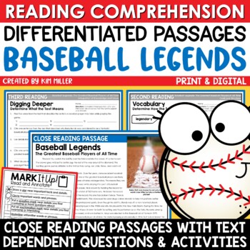 Preview of Spring Baseball Close Reading Comprehension Passages & Questions Differentiated